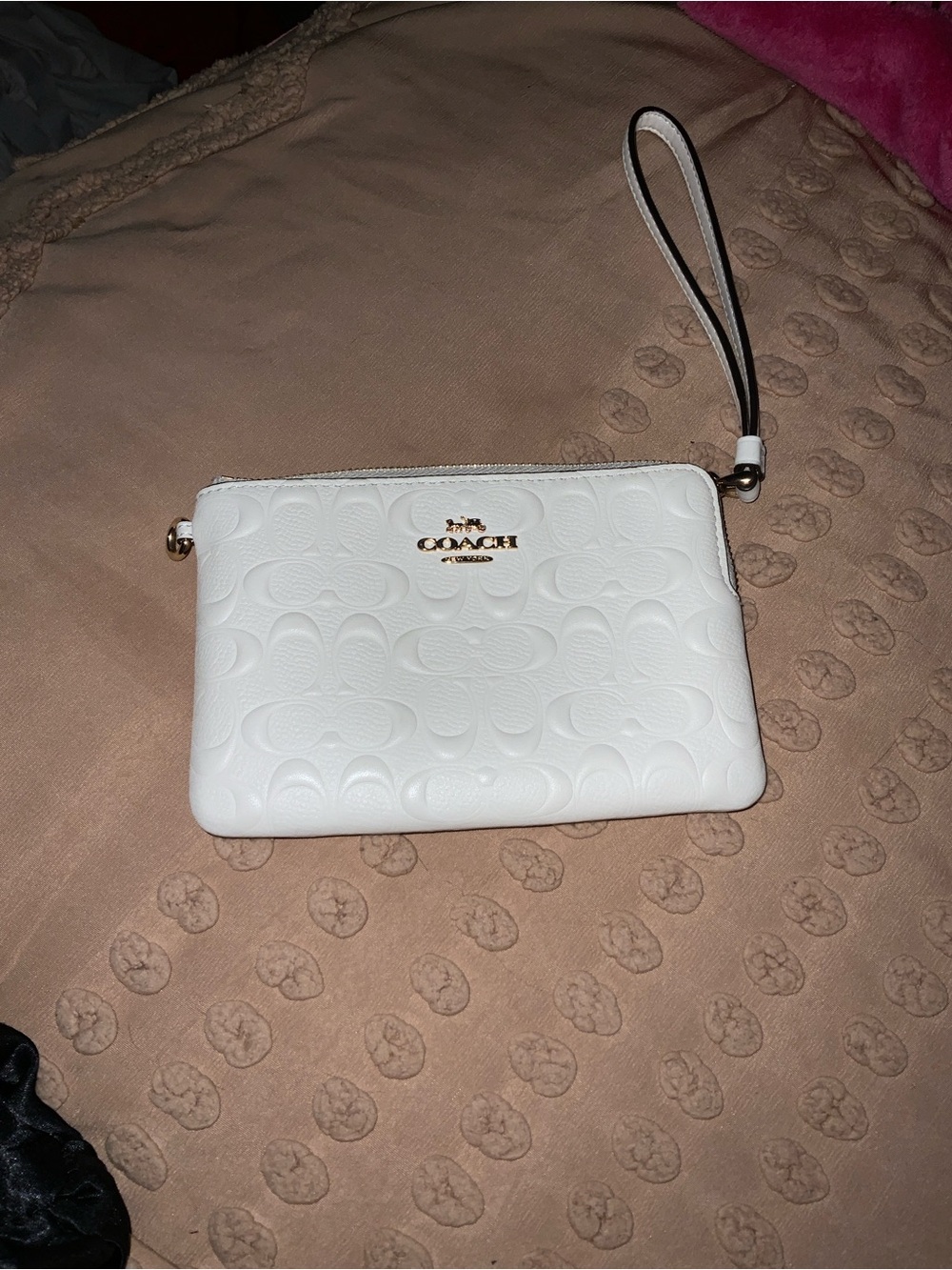 Coach White Embossed Leather Wristlet with Gold Logo